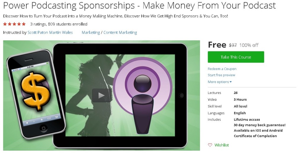 Free Udemy Course on Power Podcasting Sponsorships - Make Money From Your Podcast