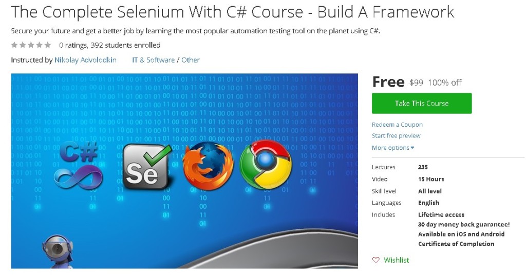 Free Udemy Course on The Complete Selenium With C# Course - Build A Framework