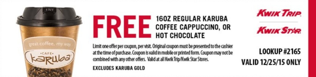 Free 16OZ Regular Karuba Coffee Cappuccino or Hot Chocolate