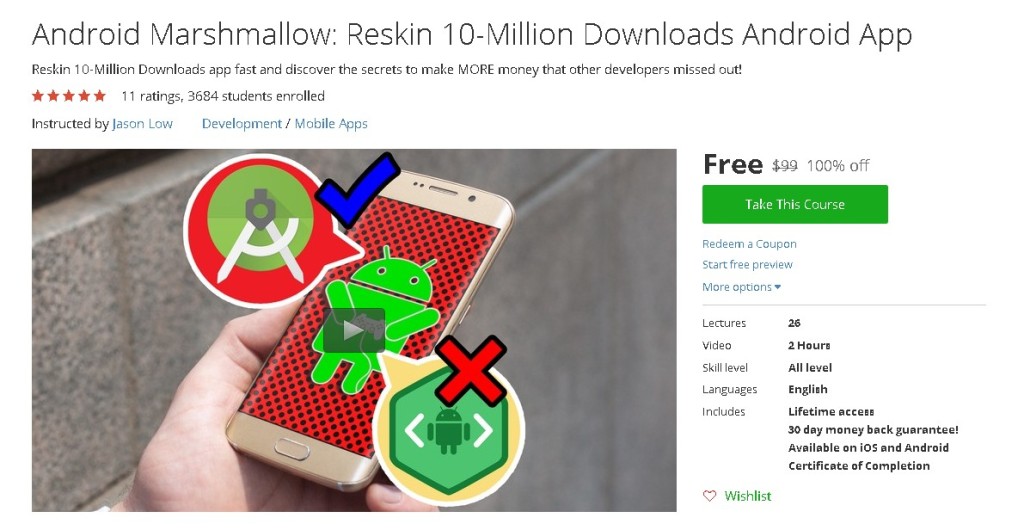 Free Udemy Course on Android Marshmallow Reskin 10-Million Downloads Android App