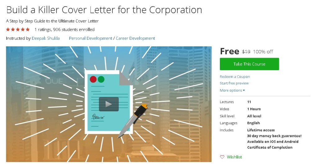 Free Udemy Course on Build a Killer Cover Letter for the Corporation