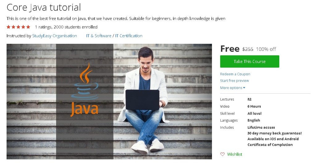 Free Udemy Course on Core Java tutorial