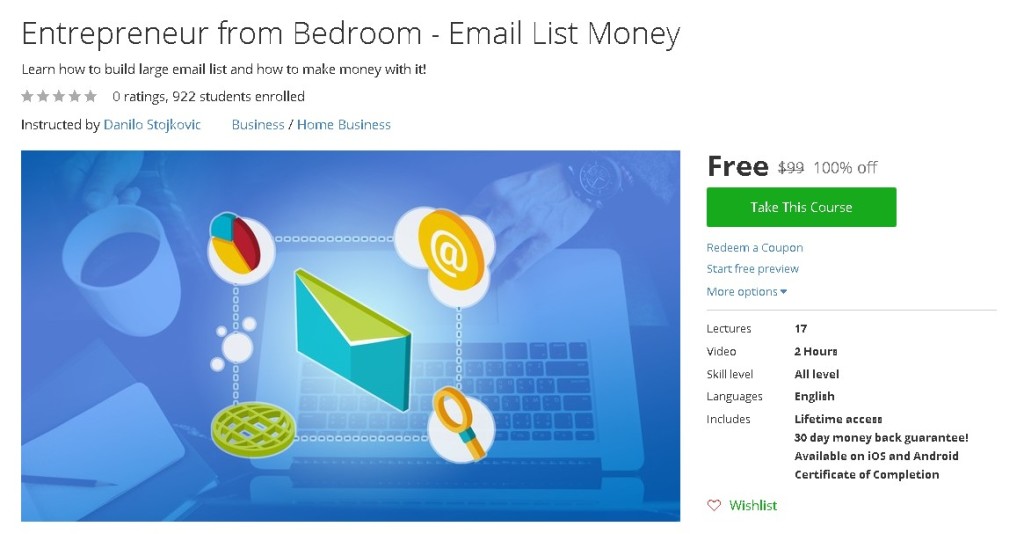 Free Udemy Course on Entrepreneur from Bedroom - Email List Money