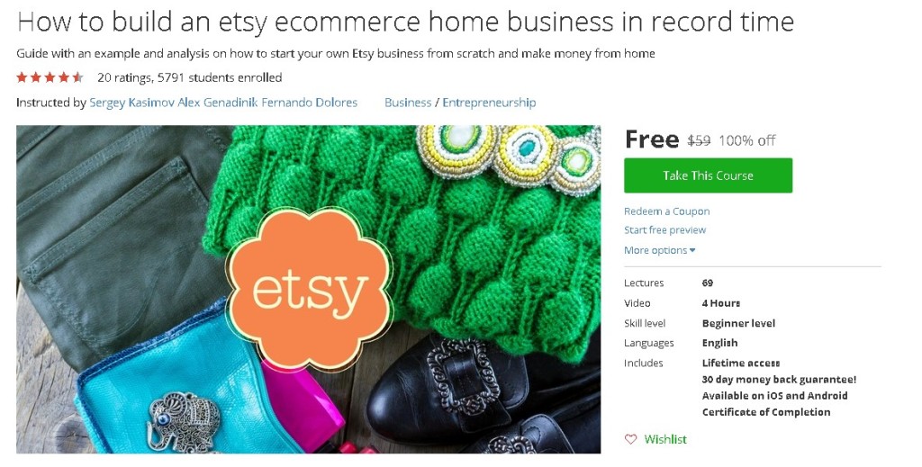 Free Udemy Course on How to build an etsy ecommerce home business in record time