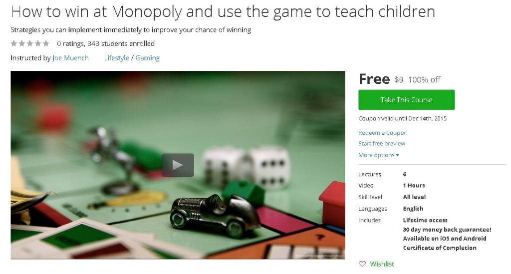 Free Udemy Course on How to win at Monopoly and use the game to teach children