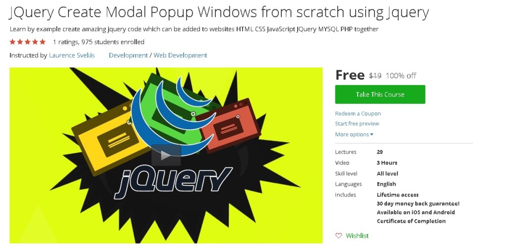 Free Udemy Course on JQuery Create Modal Popup Windows from scratch using Jquery