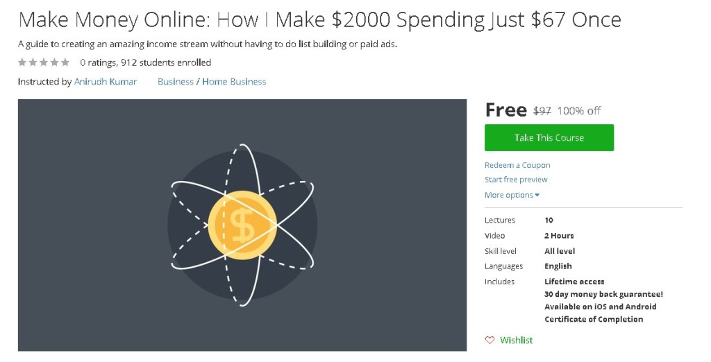 Free Udemy Course on Make Money Online How I Make $2000 Spending Just $67 Once