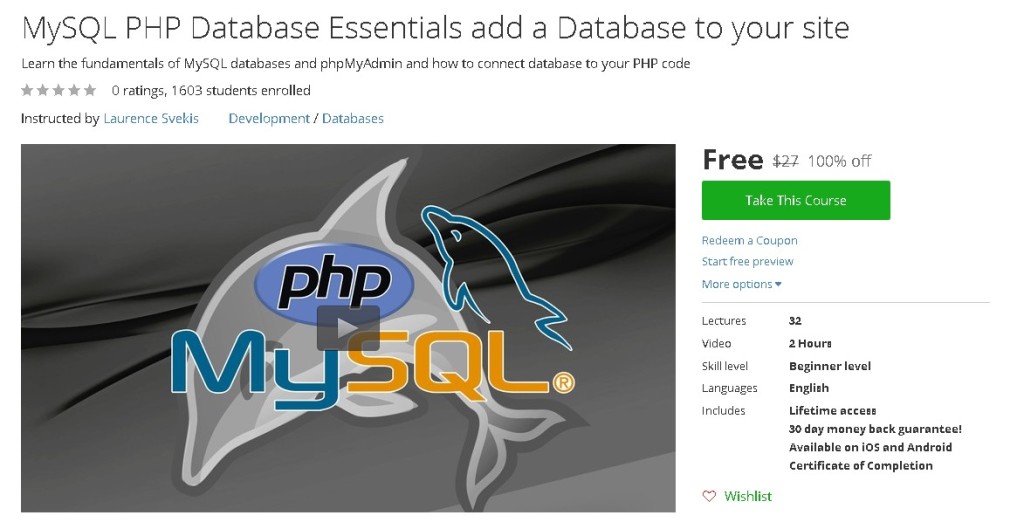 Free Udemy Course on MySQL PHP Database Essentials add a Database to your site