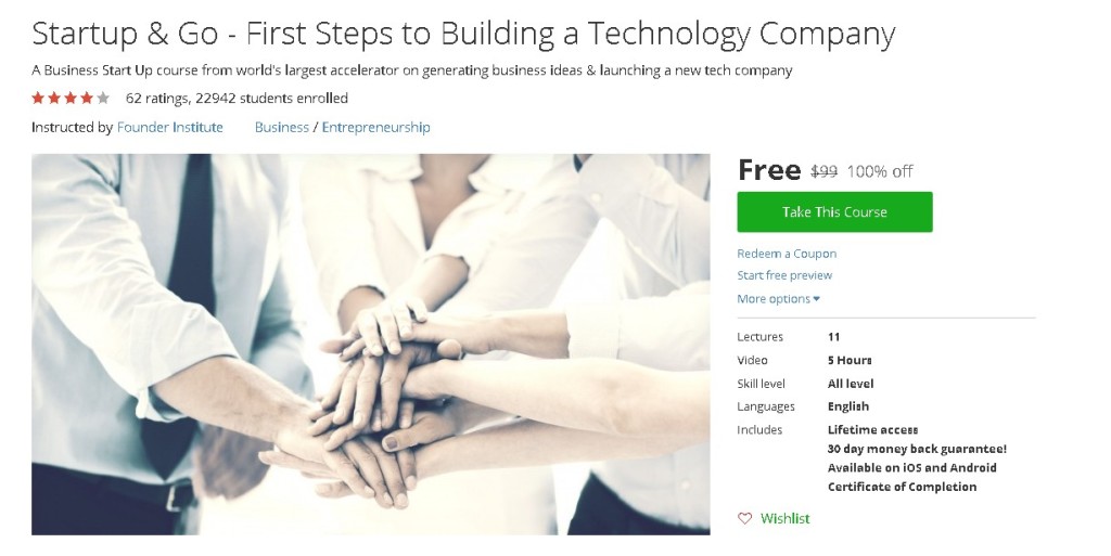 Free Udemy Course on Startup & Go - First Steps to Building a Technology Company