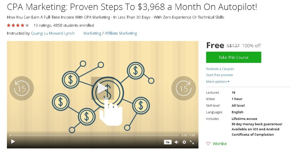 Free Udemy Course on CPA Marketing Proven Steps To $3,968 a Month On Autopilot!