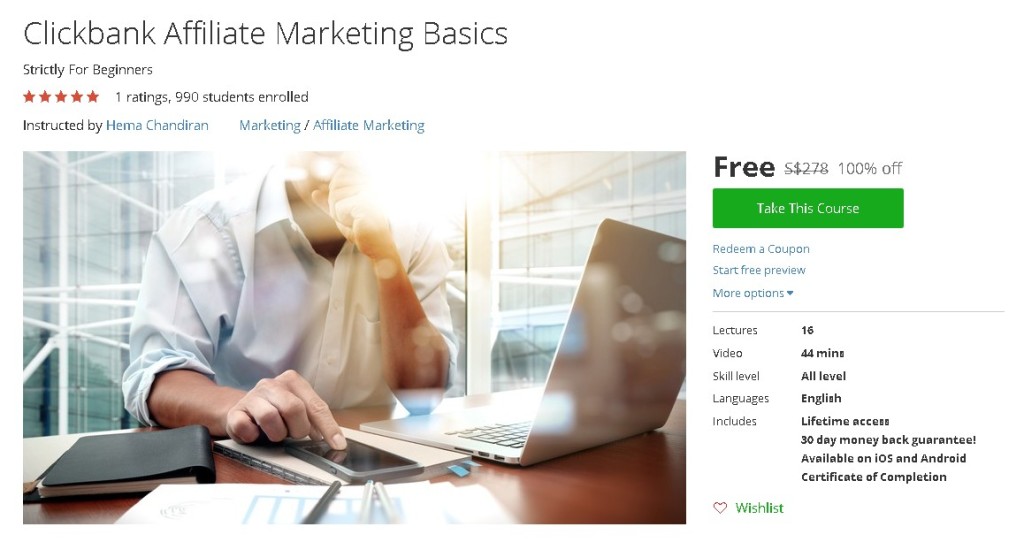 Free Udemy Course on Clickbank Affiliate Marketing Basics