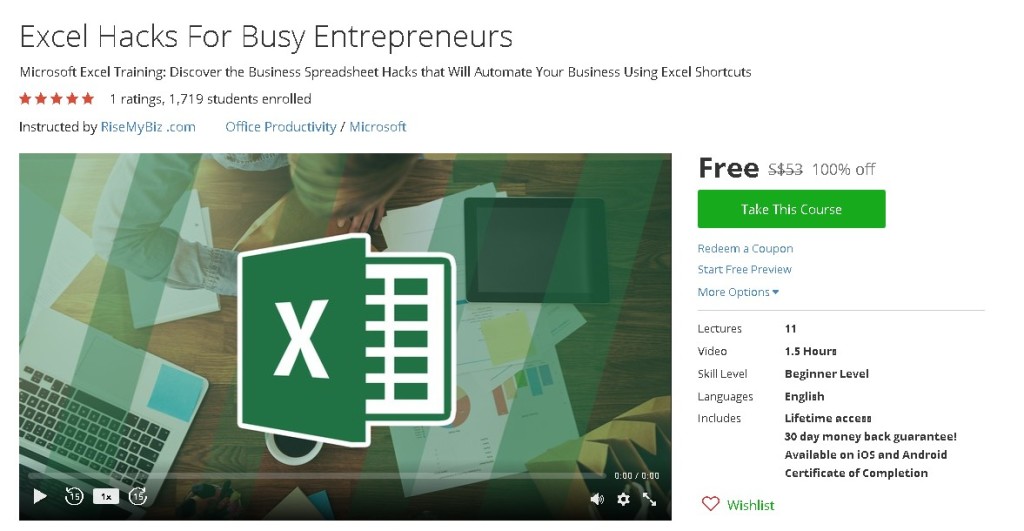 Free Udemy Course on Excel Hacks For Busy Entrepreneurs