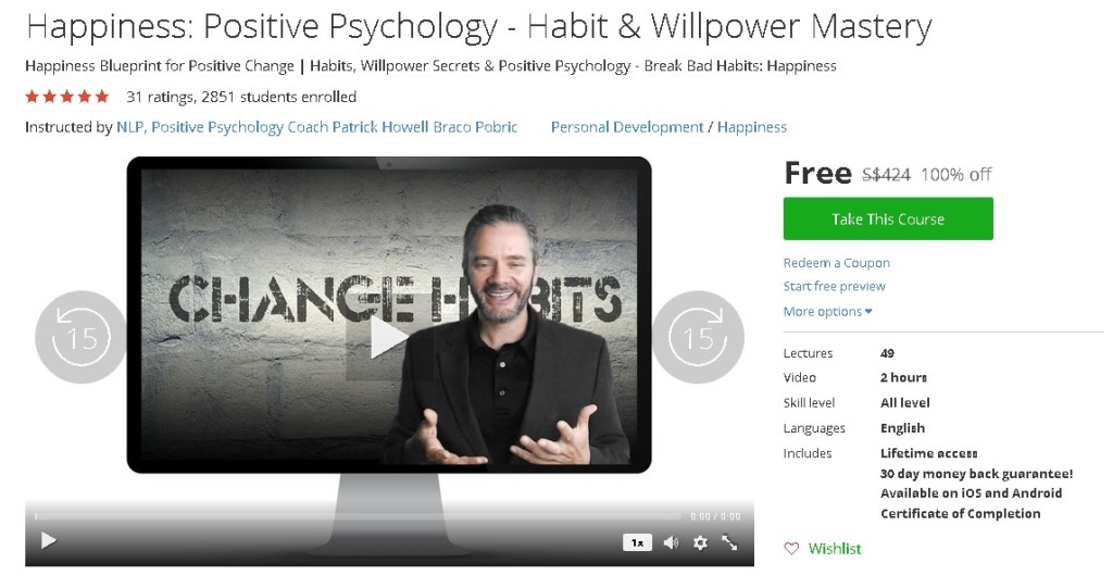 Free Udemy Course on Happiness Positive Psychology - Habit & Willpower Mastery