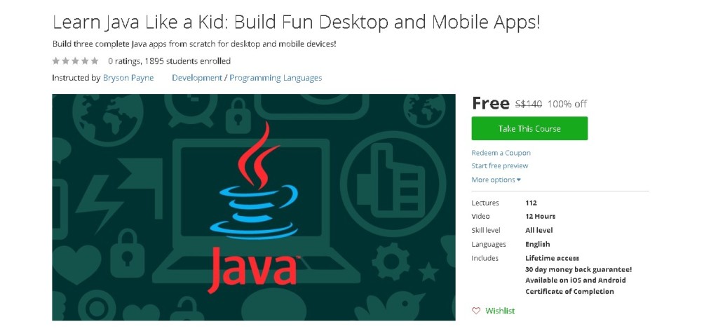 Free Udemy Course on Learn Java Like a Kid Build Fun Desktop and Mobile Apps!