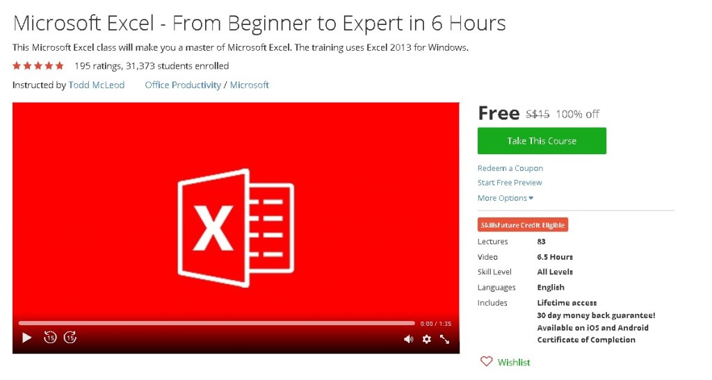 Free Udemy Course on Microsoft Excel - From Beginner to Expert in 6 Hours