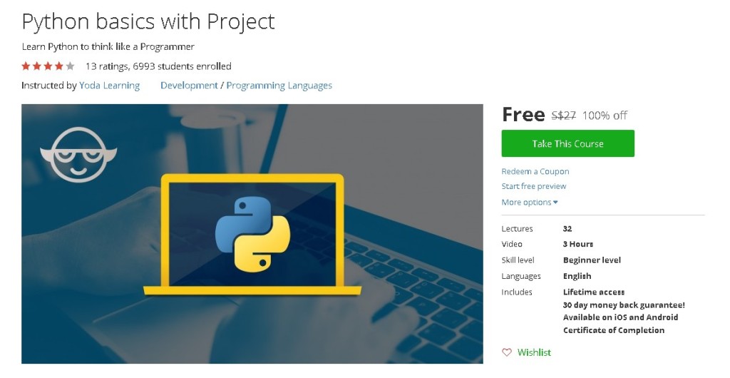 Free Udemy Course on Python basics with Project