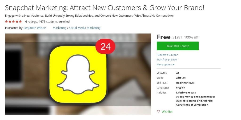 Free Udemy Course on Snapchat Marketing Attract New Customers & Grow Your Brand!