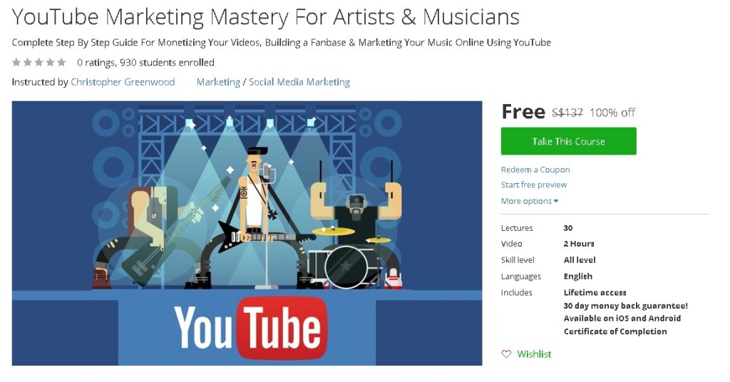 Free Udemy Course on YouTube Marketing Mastery For Artists & Musicians