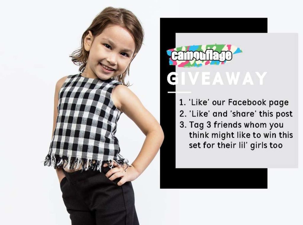 Stand to WIN one set of Emily Checkered Fringe Top & Debbie Cropped Pants at Camouflage Kids